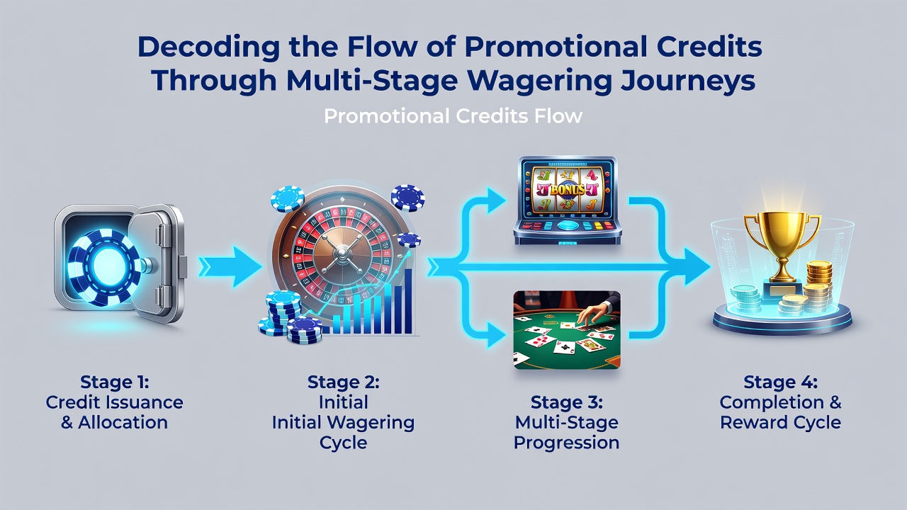 Flowchart illustrating credit progression from initial deposit through wagering requirements to withdrawal eligibility