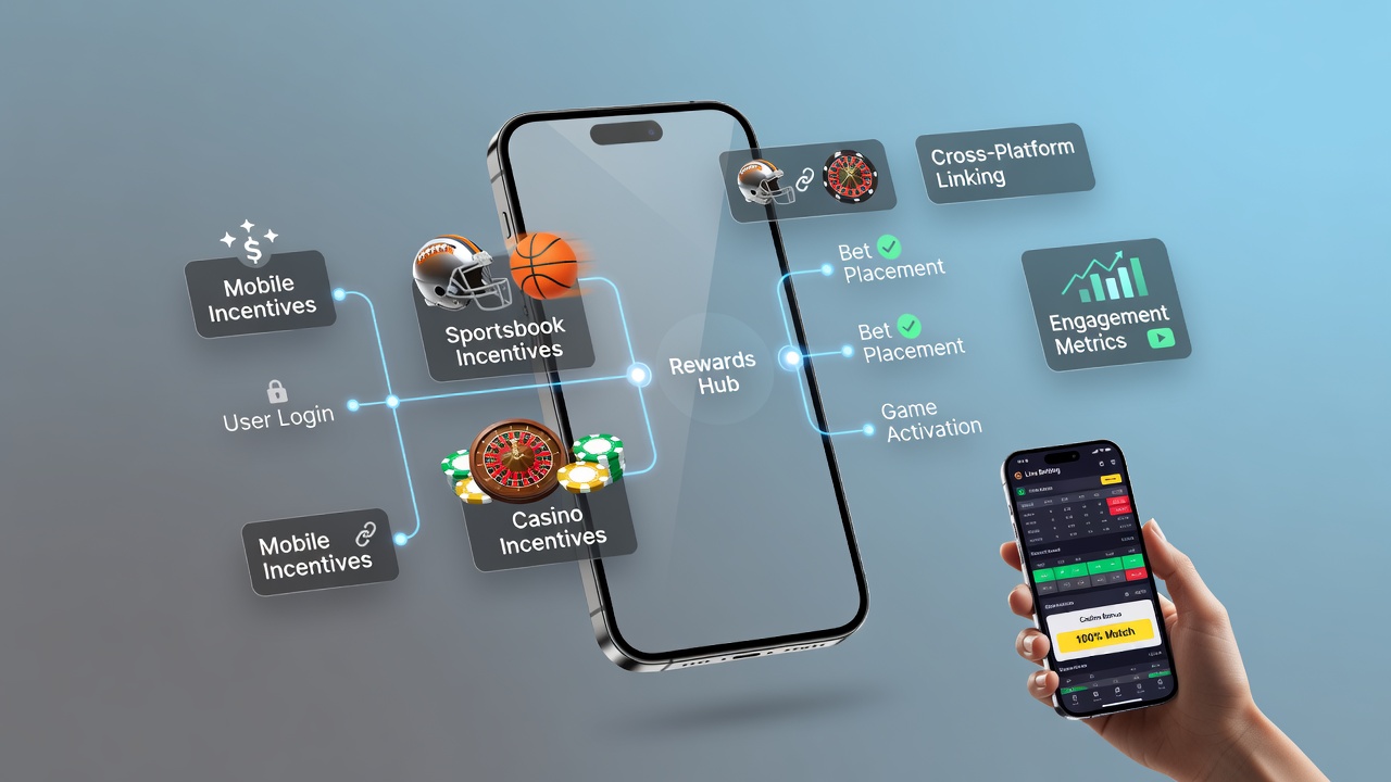 Mobile app interface showing integrated sportsbook and casino reward pathways with bonus icons connecting sports bets to casino games