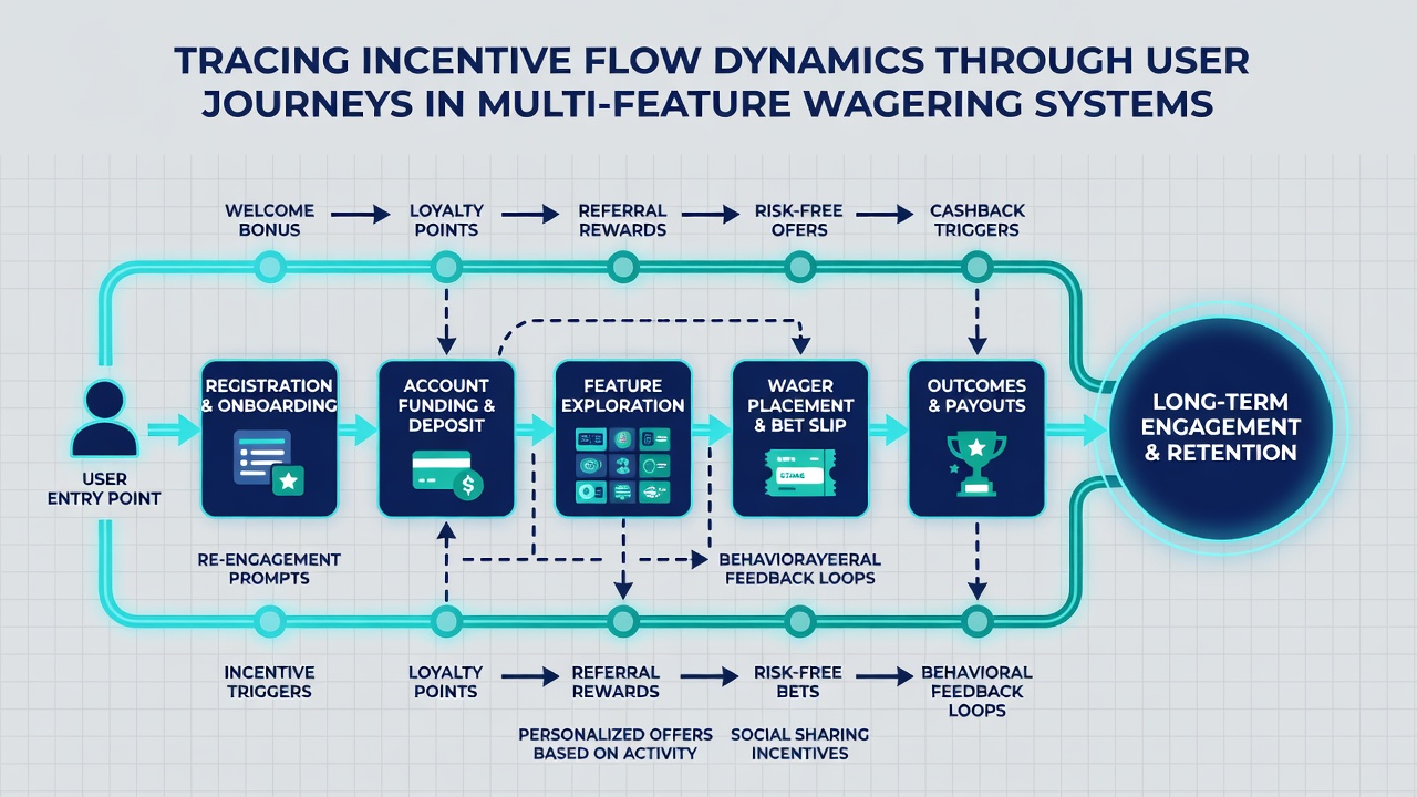 Flow chart illustrating reward points moving between sports betting markets and casino games in user sessions