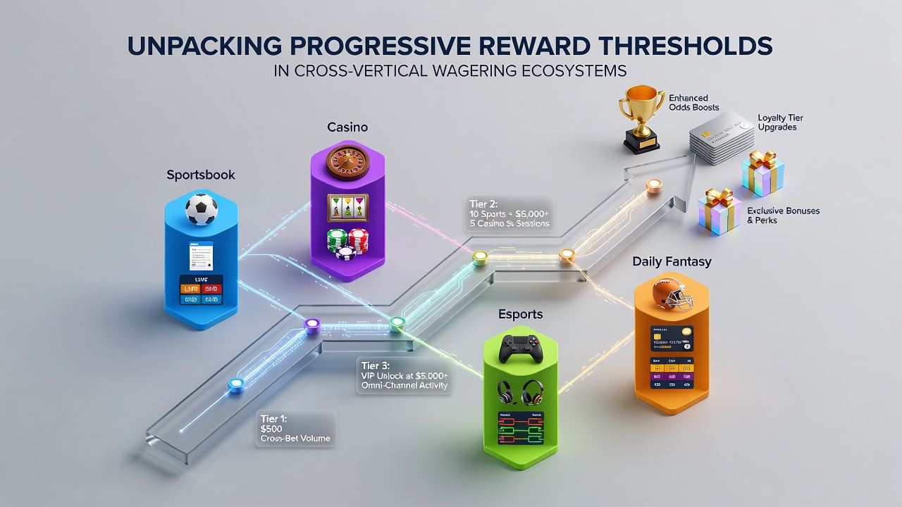 Infographic illustrating reward threshold progression with icons for sports, casino, and bonus unlocks